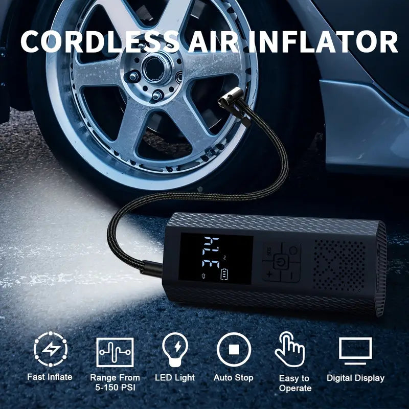 Compresor de aire portátil 150 PSI inalámbrico con medidor y luz LED
